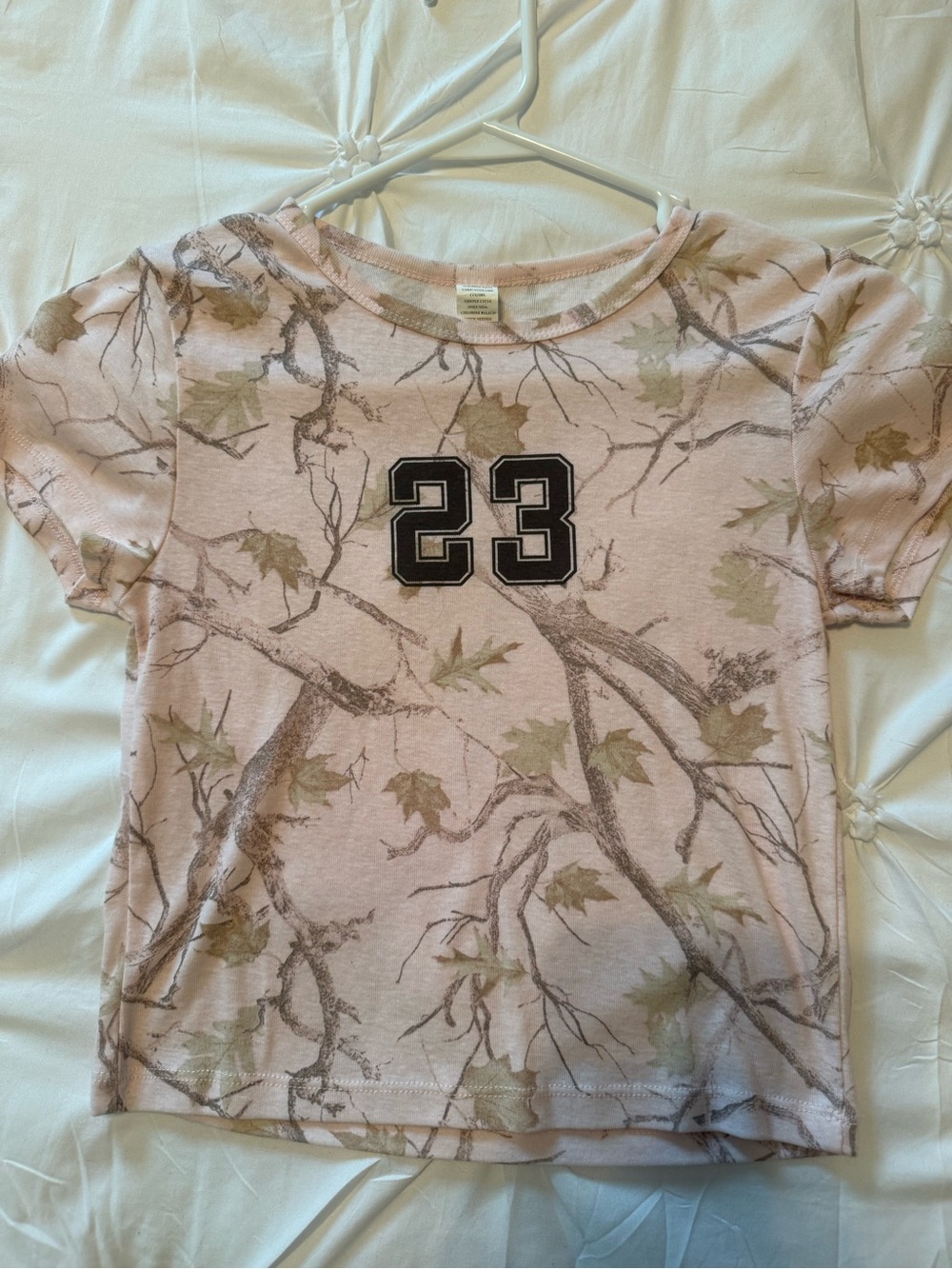 Camo Pink Leaf Print Crop Top with '23' Graphic